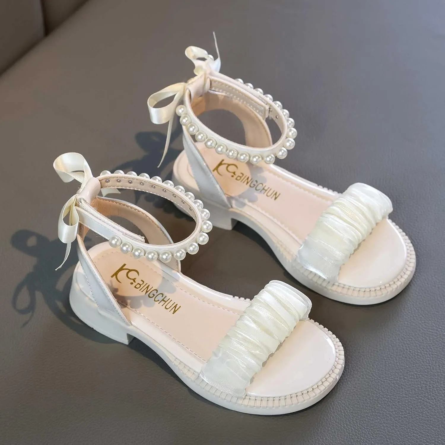 Girls Pearl Sandals Ankle Strap Lace Bowknot Kids Shoes Open Toe Low Heels Wedding Outdoor Summer