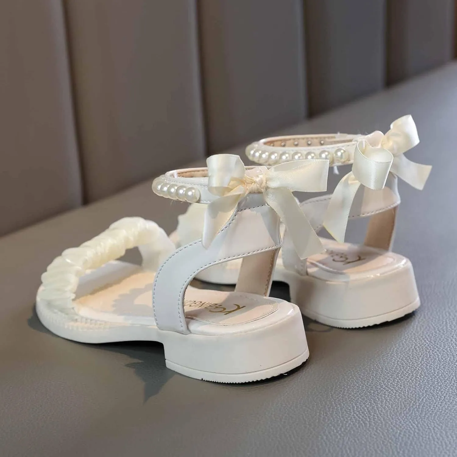 Girls Pearl Sandals Ankle Strap Lace Bowknot Kids Shoes Open Toe Low Heels Wedding Outdoor Summer