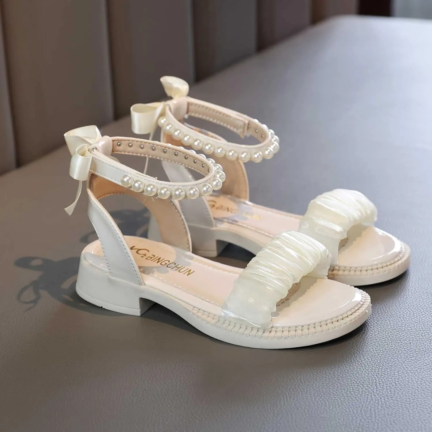 Girls Pearl Sandals Ankle Strap Lace Bowknot Kids Shoes Open Toe Low Heels Wedding Outdoor Summer