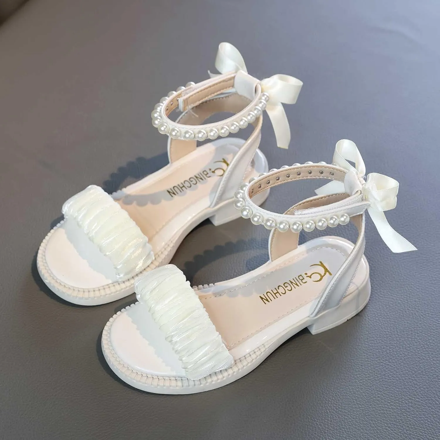 Girls Pearl Sandals Ankle Strap Lace Bowknot Kids Shoes Open Toe Low Heels Wedding Outdoor Summer