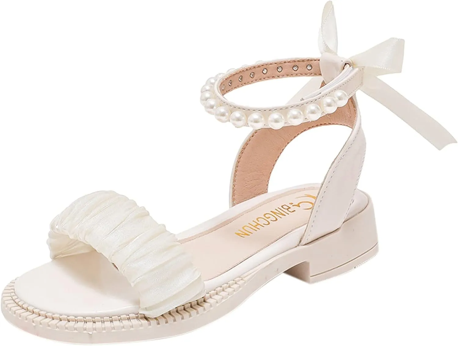 Girls Pearl Sandals Ankle Strap Lace Bowknot Kids Shoes Open Toe Low Heels Wedding Outdoor Summer