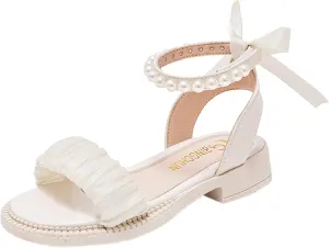 Girls Pearl Sandals Ankle Strap Lace Bowknot Kids Shoes Open Toe Low Heels Wedding Outdoor Summer