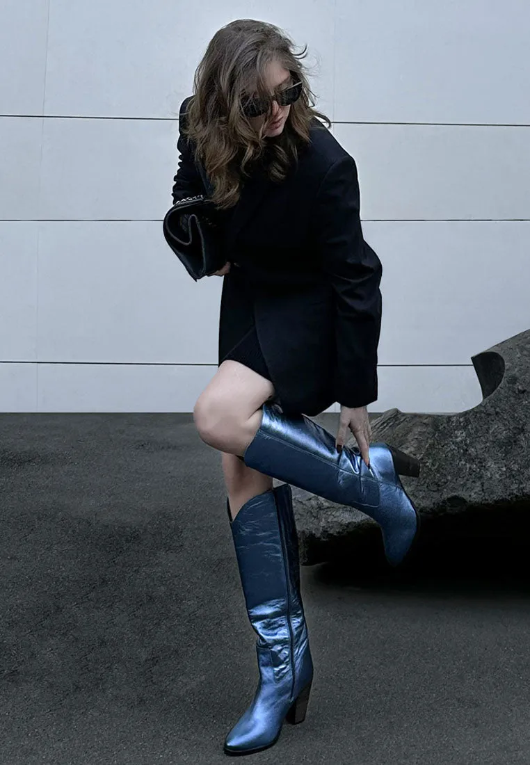 GREAT-STORM Blue Metallic Leather Calf Boots