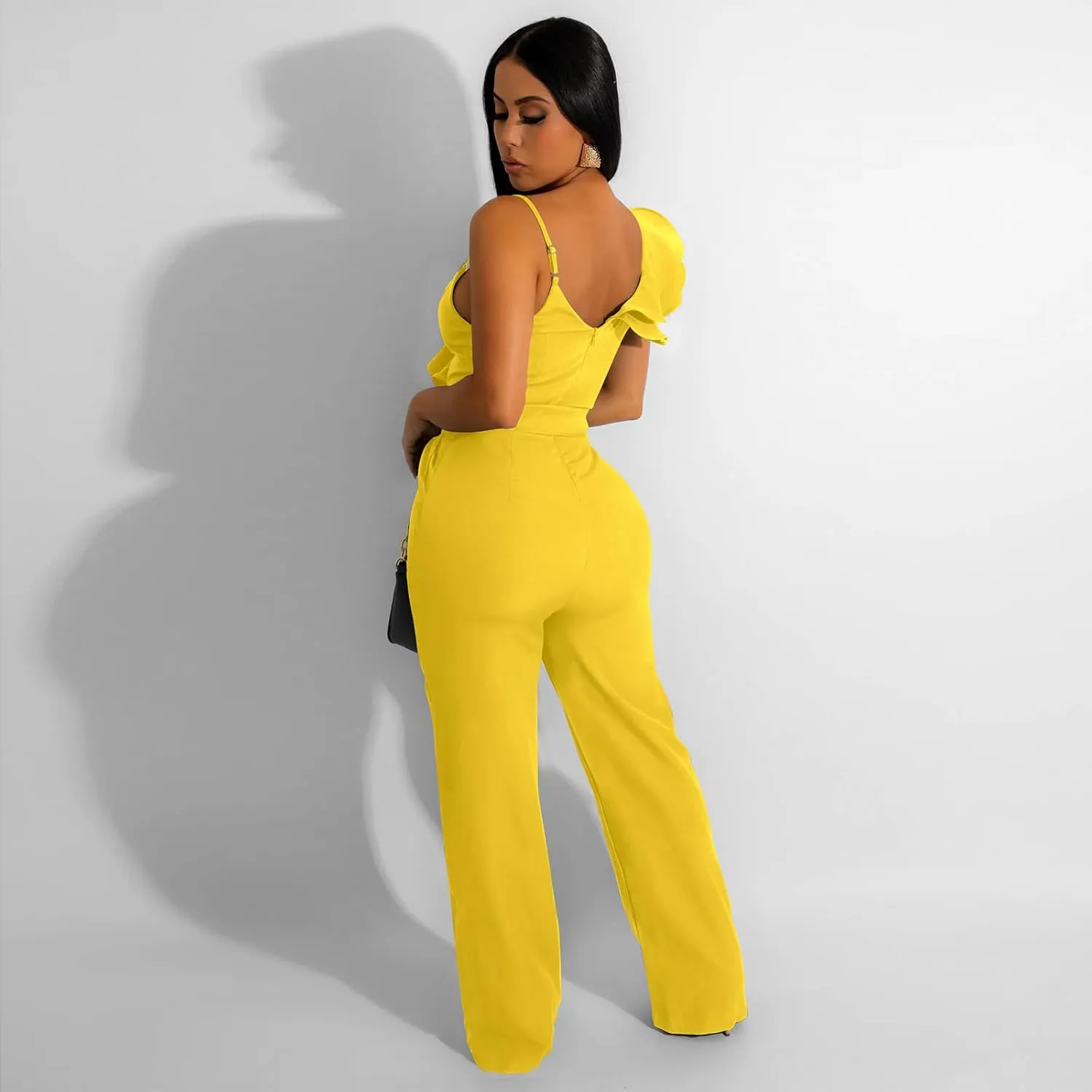 kaimimei Womens Casual Jumpsuits V-Neck Sleeveless Ruffle Backless Belted Wide Leg Pant Sexy Romper Party Clubwear