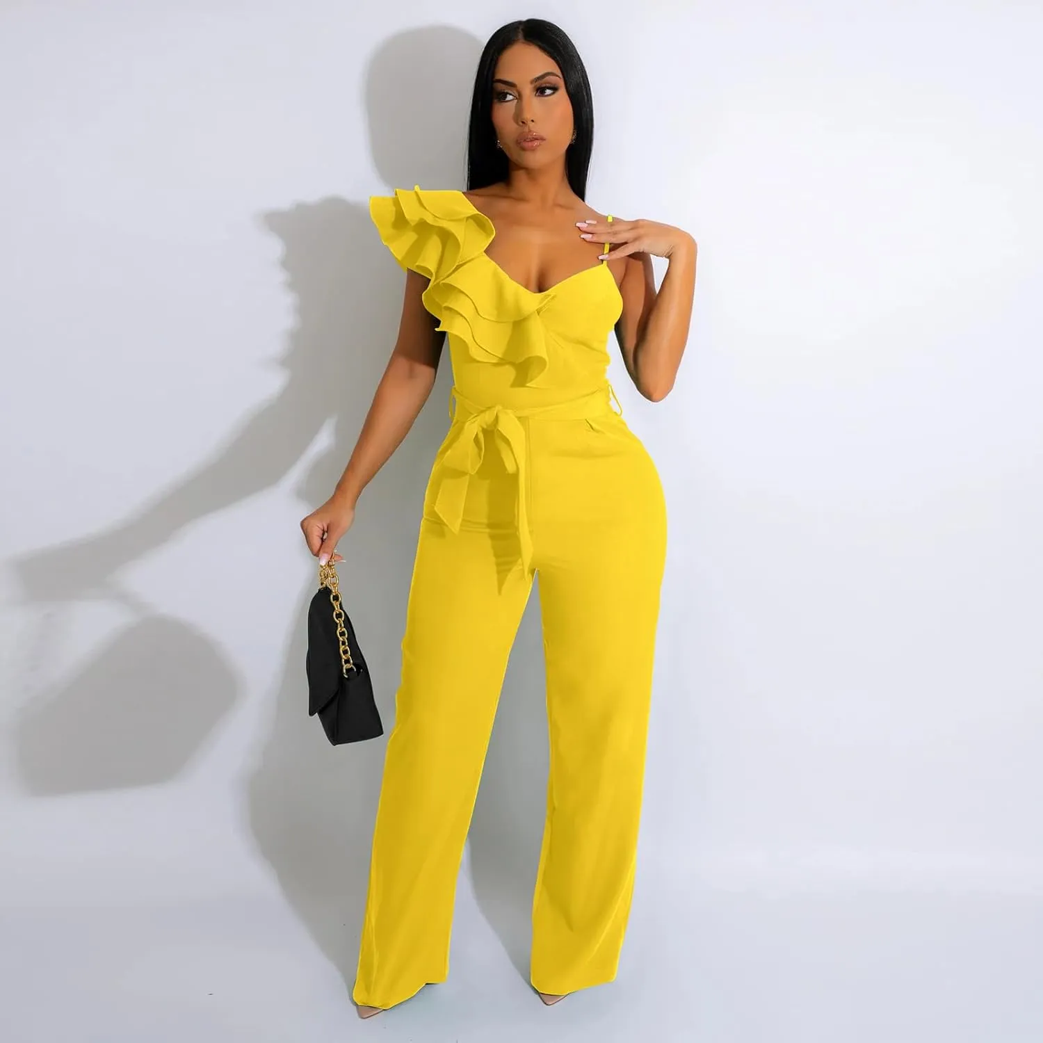 kaimimei Womens Casual Jumpsuits V-Neck Sleeveless Ruffle Backless Belted Wide Leg Pant Sexy Romper Party Clubwear