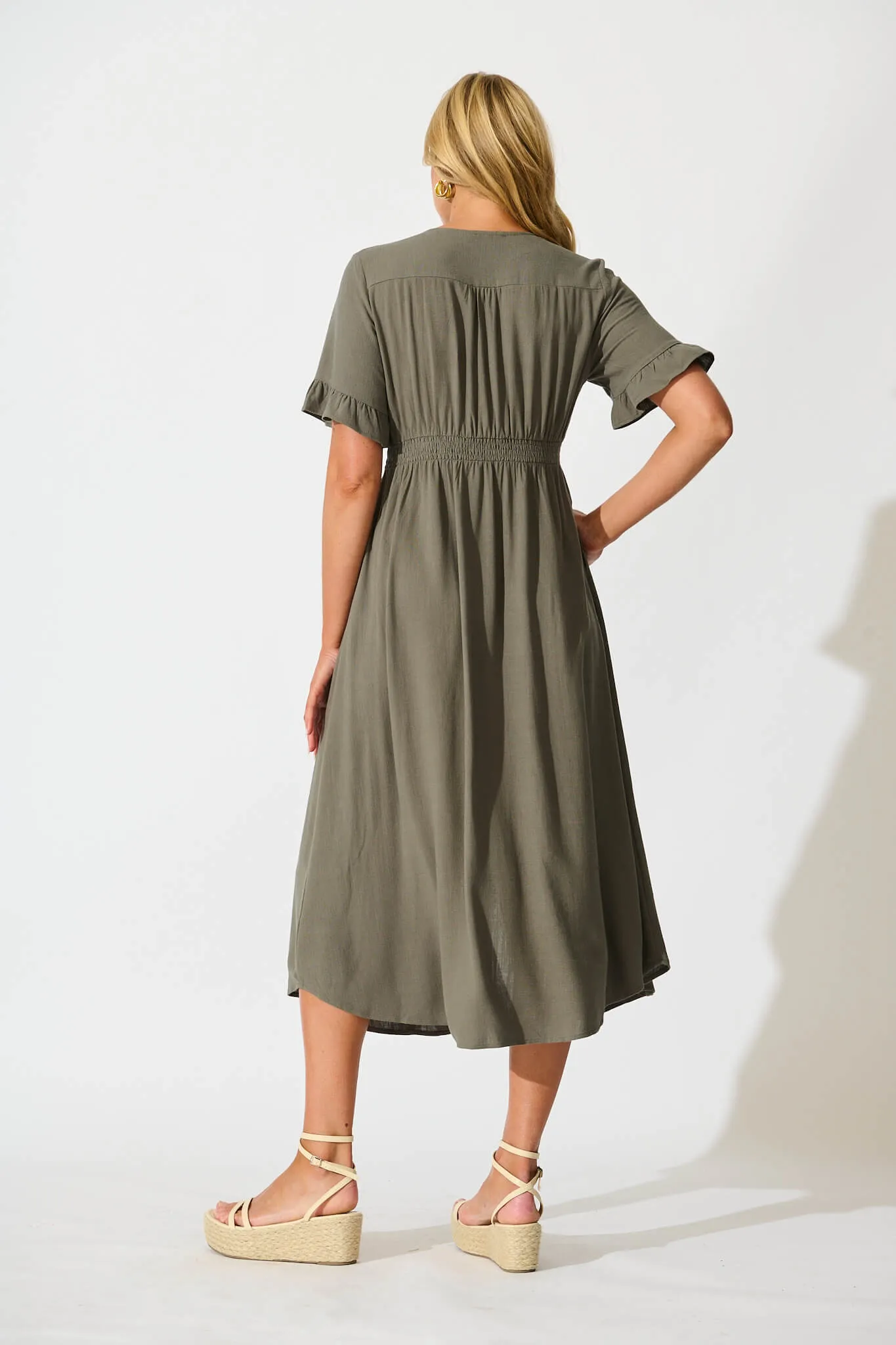 Khaki Linen Blend Midi Dress by Daysia