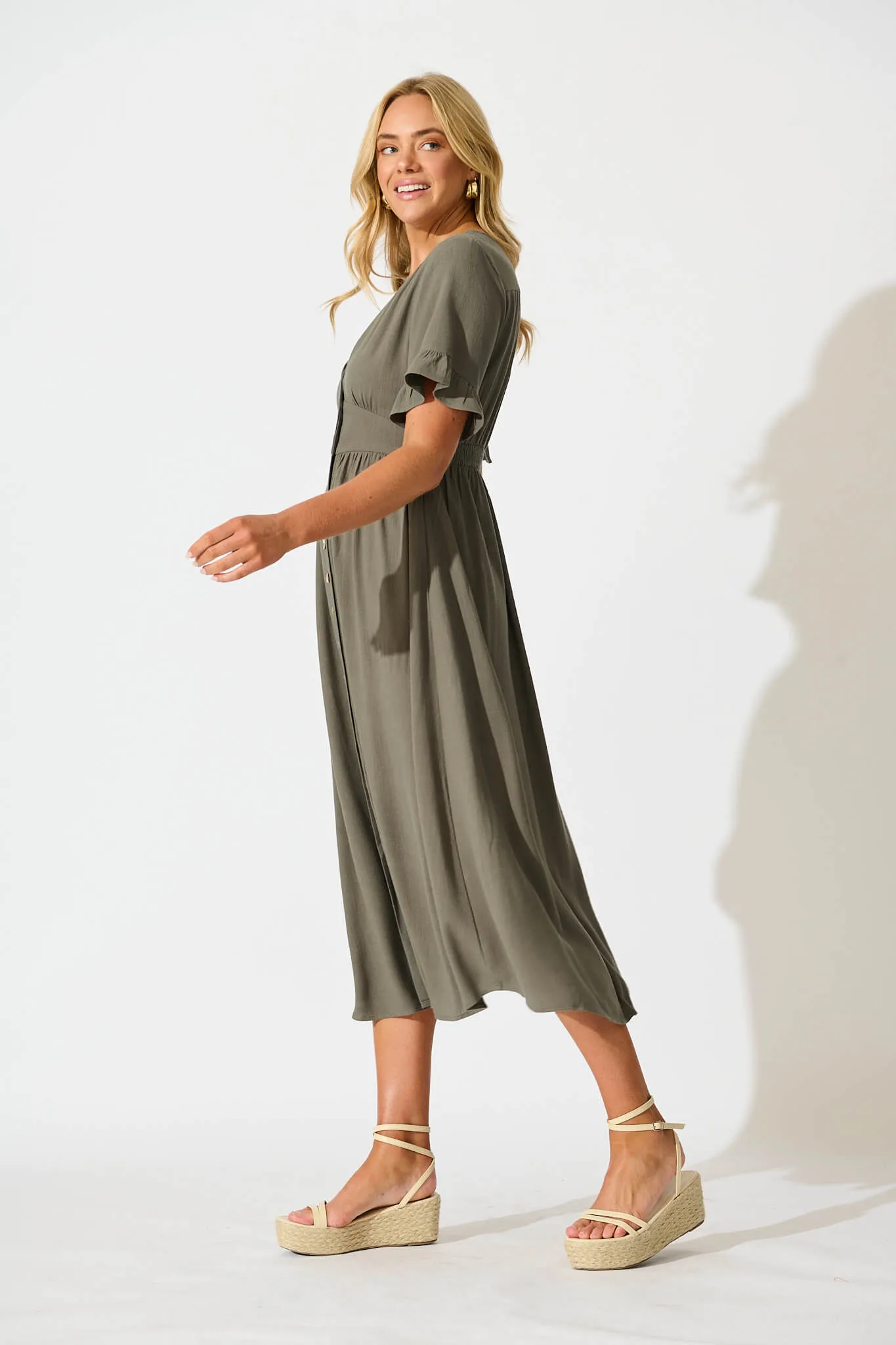 Khaki Linen Blend Midi Dress by Daysia