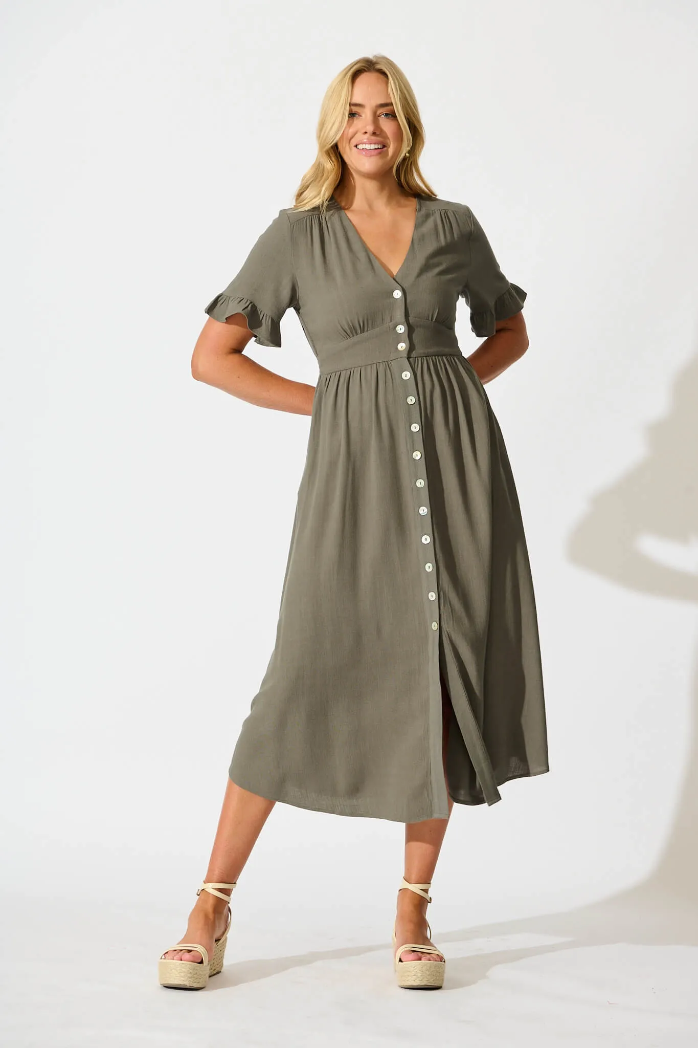 Khaki Linen Blend Midi Dress by Daysia