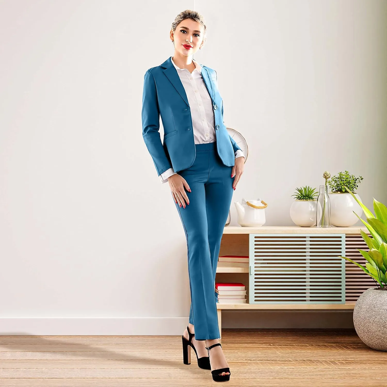 Marycrafts Women's 2 Buttons Business Blazer Pant Suit Set for Work