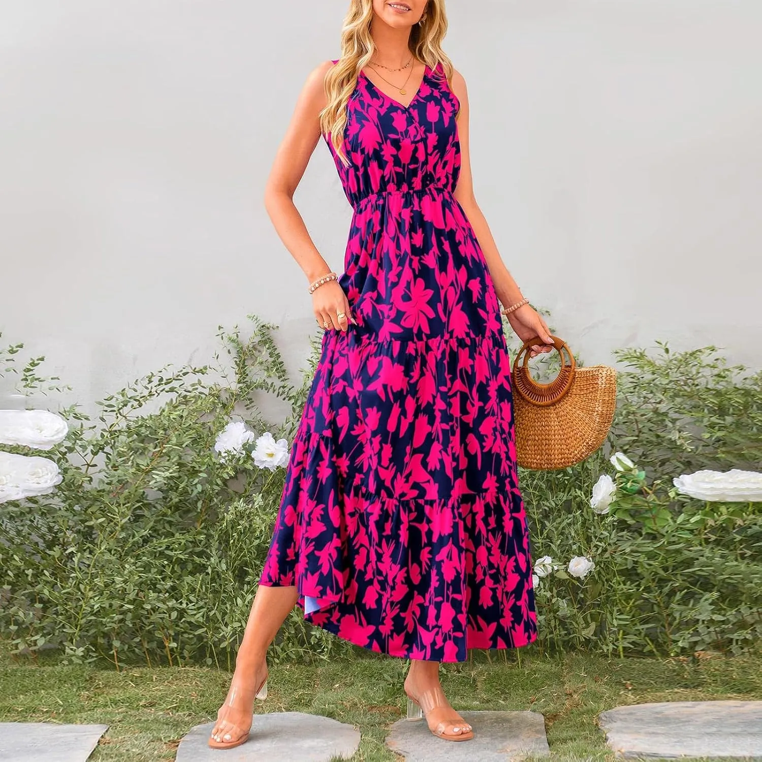 Maxi Dress for Women 2025 Summer Dresses Casual Sleeveless Beach Dresses Vacation Ruffle Wrap V Neck Party Dress