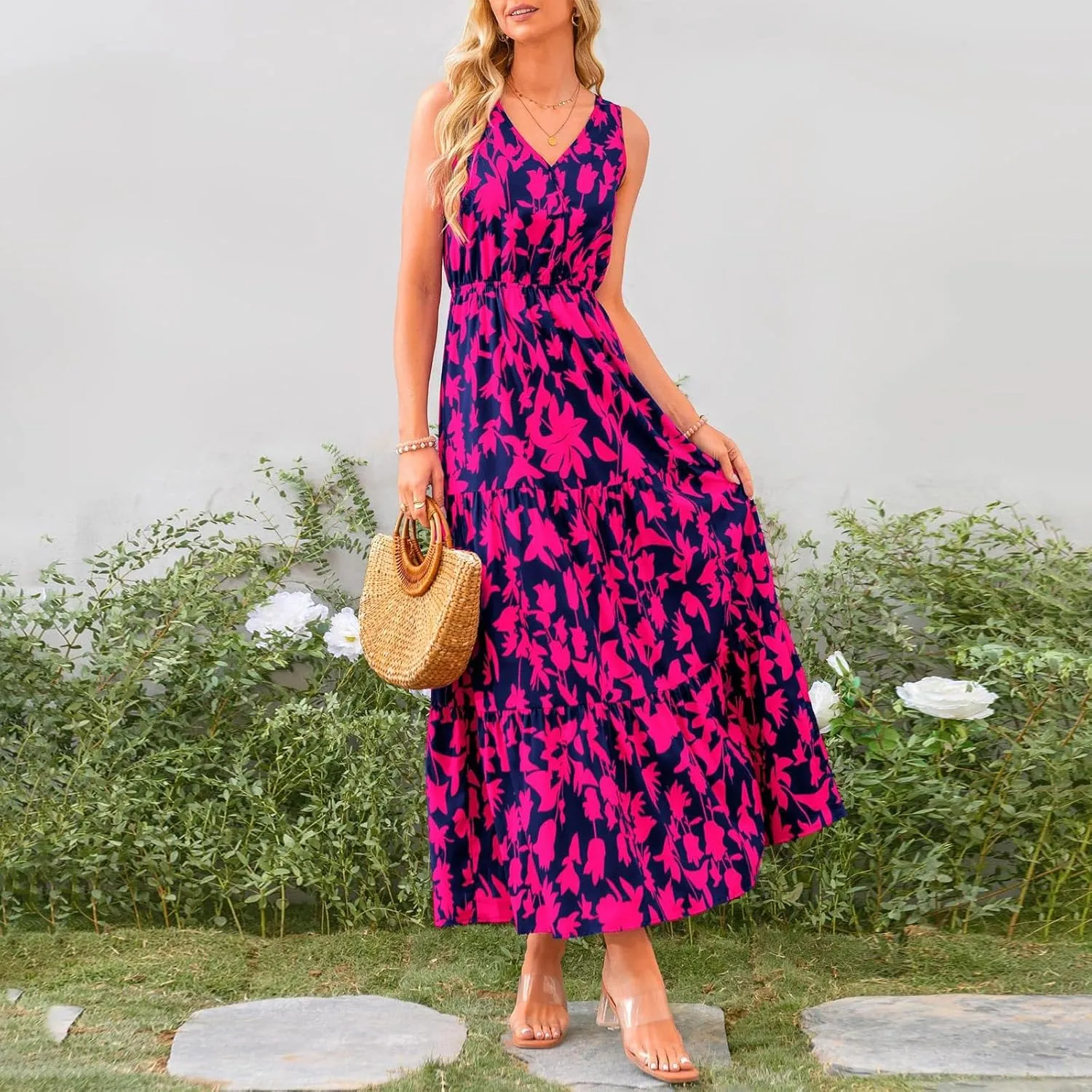 Maxi Dress for Women 2025 Summer Dresses Casual Sleeveless Beach Dresses Vacation Ruffle Wrap V Neck Party Dress