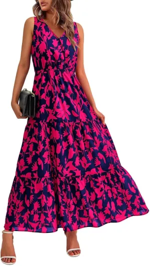 Maxi Dress for Women 2025 Summer Dresses Casual Sleeveless Beach Dresses Vacation Ruffle Wrap V Neck Party Dress