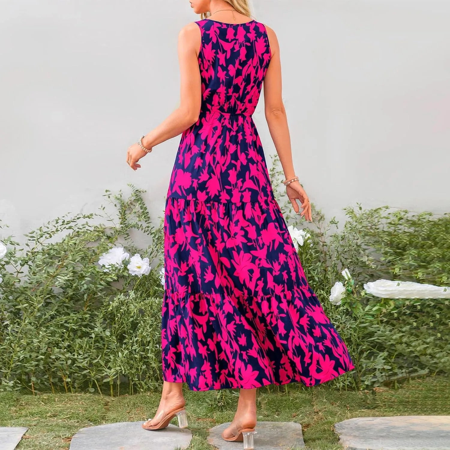 Maxi Dress for Women 2025 Summer Dresses Casual Sleeveless Beach Dresses Vacation Ruffle Wrap V Neck Party Dress