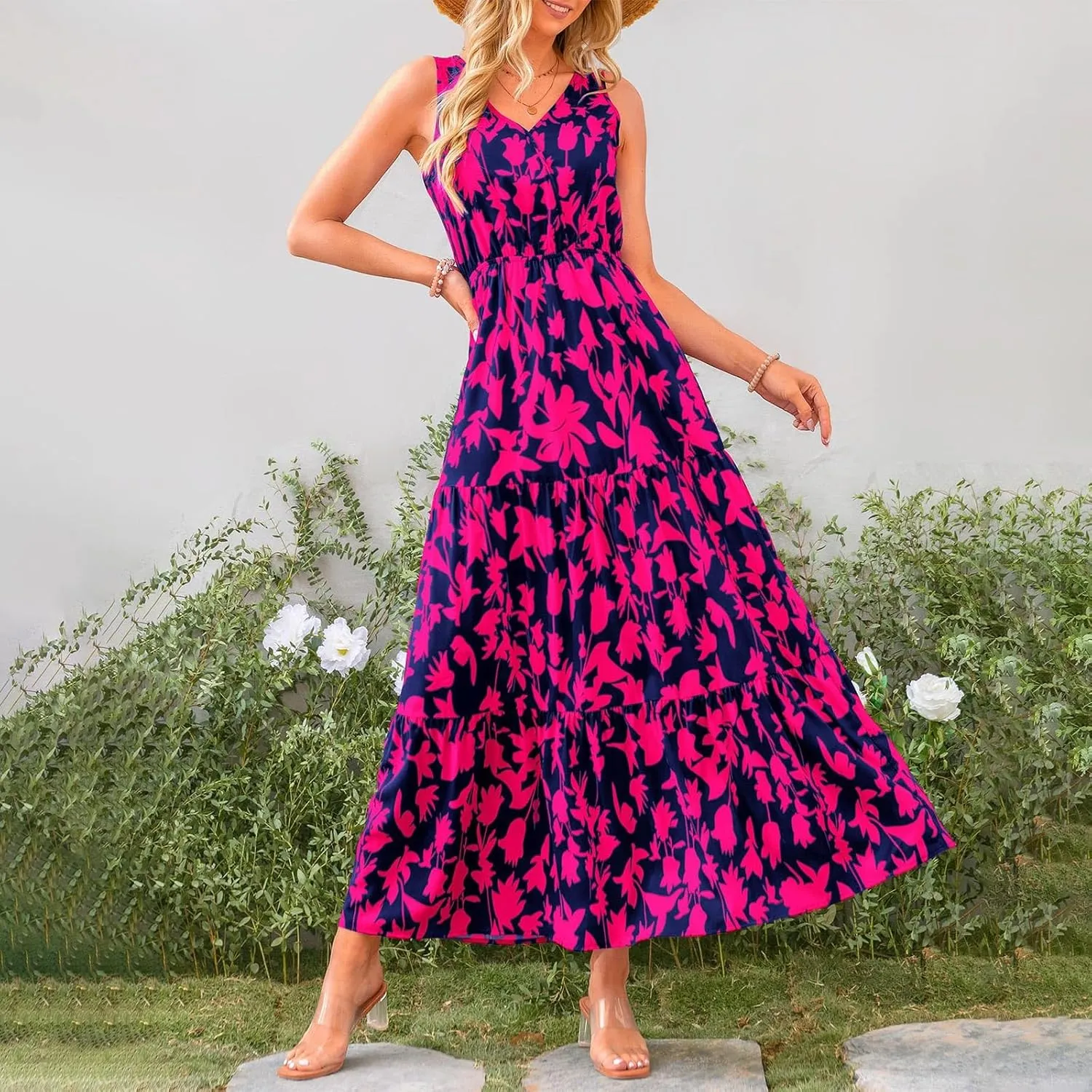 Maxi Dress for Women 2025 Summer Dresses Casual Sleeveless Beach Dresses Vacation Ruffle Wrap V Neck Party Dress