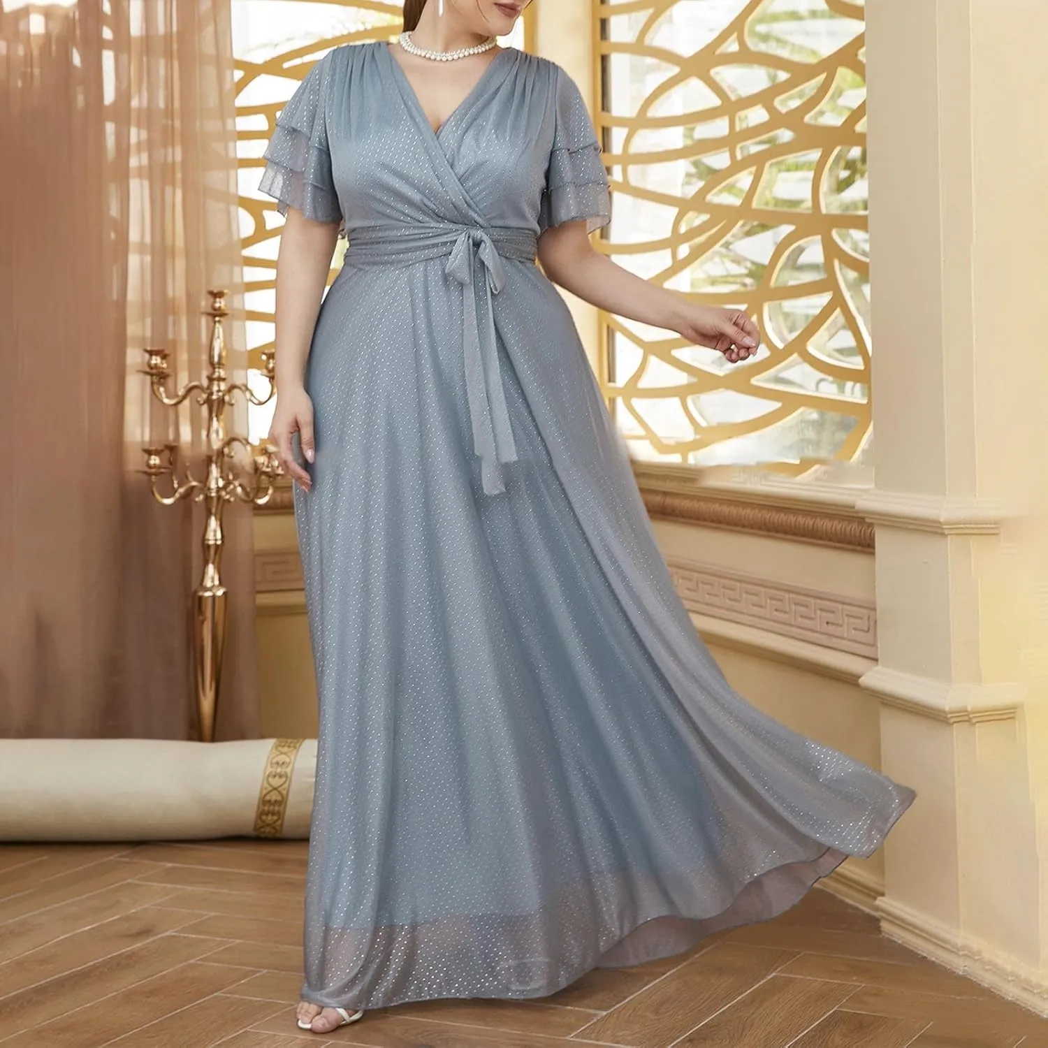 Maxi Evening Dress for Women Plus Size Short Skeeve V Neck Elegant Dress Summer Chiffon Formal Cocktail Party Gowns
