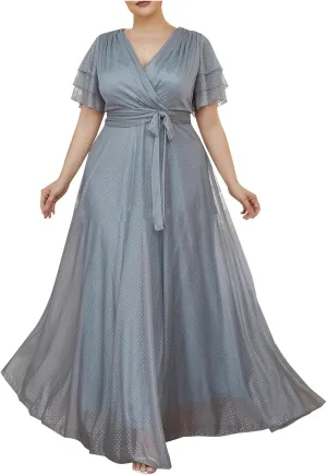 Maxi Evening Dress for Women Plus Size Short Skeeve V Neck Elegant Dress Summer Chiffon Formal Cocktail Party Gowns