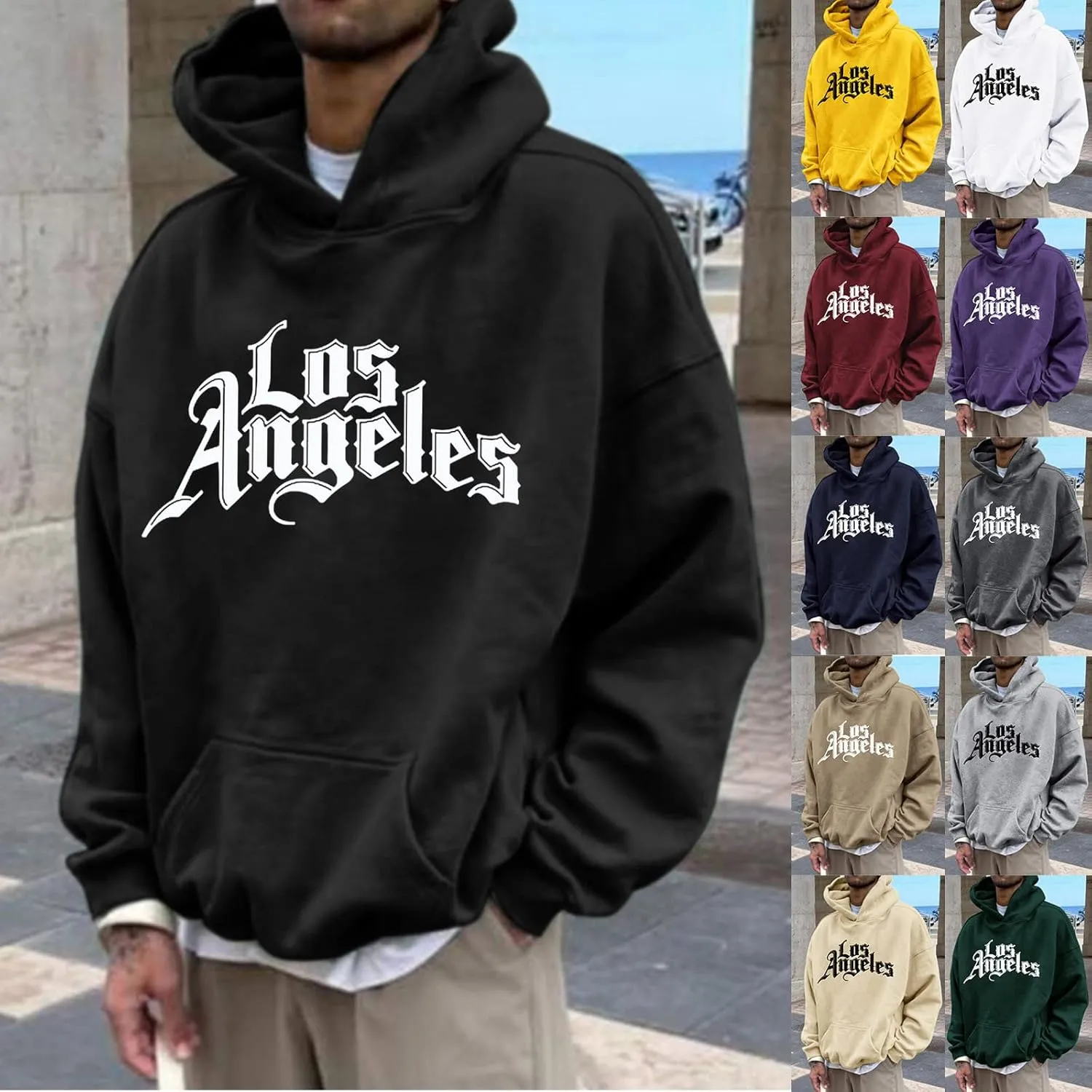 Men's Fashion Loose Sweatshirt Drawstring Letter Printed Hoodies Sweatshirt 2024 Long Sleeve Pullover Casual Hooded