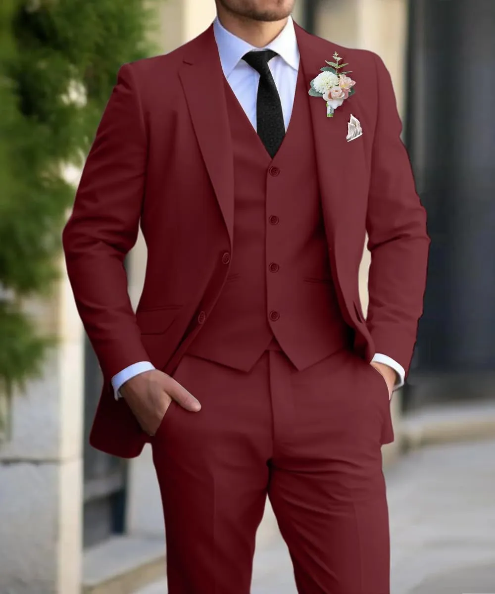 Men's Slim Fit Suit Set 3 Piece Suits for Men Regular Fit Solid Blazer for Business Wedding Prom with a Tie