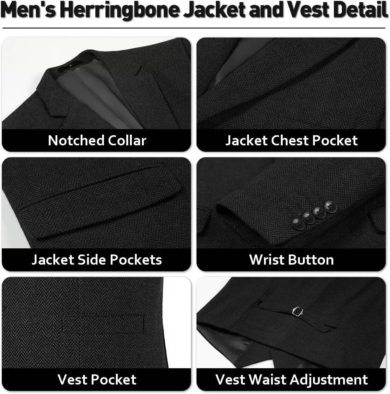 Mens Tweed Herringbone Suit Slim Fit 3 Pieces Mens Wedding Party Suit Groomsmen Tuxedos Prom Suit Jacket Vest Pants