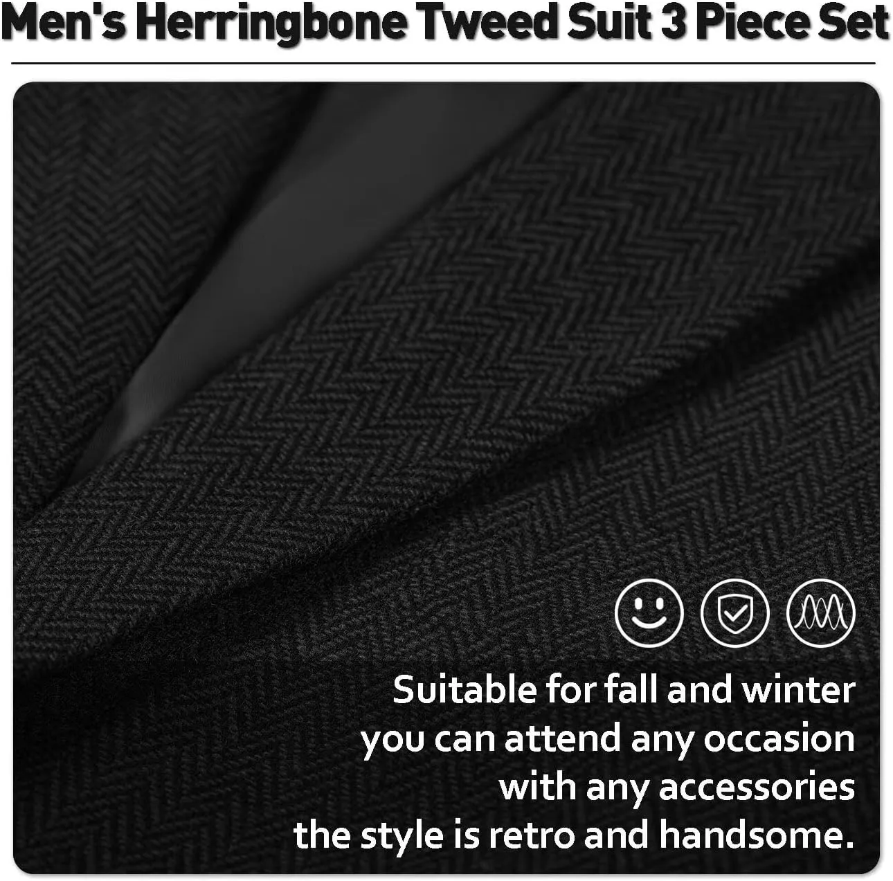 Mens Tweed Herringbone Suit Slim Fit 3 Pieces Mens Wedding Party Suit Groomsmen Tuxedos Prom Suit Jacket Vest Pants