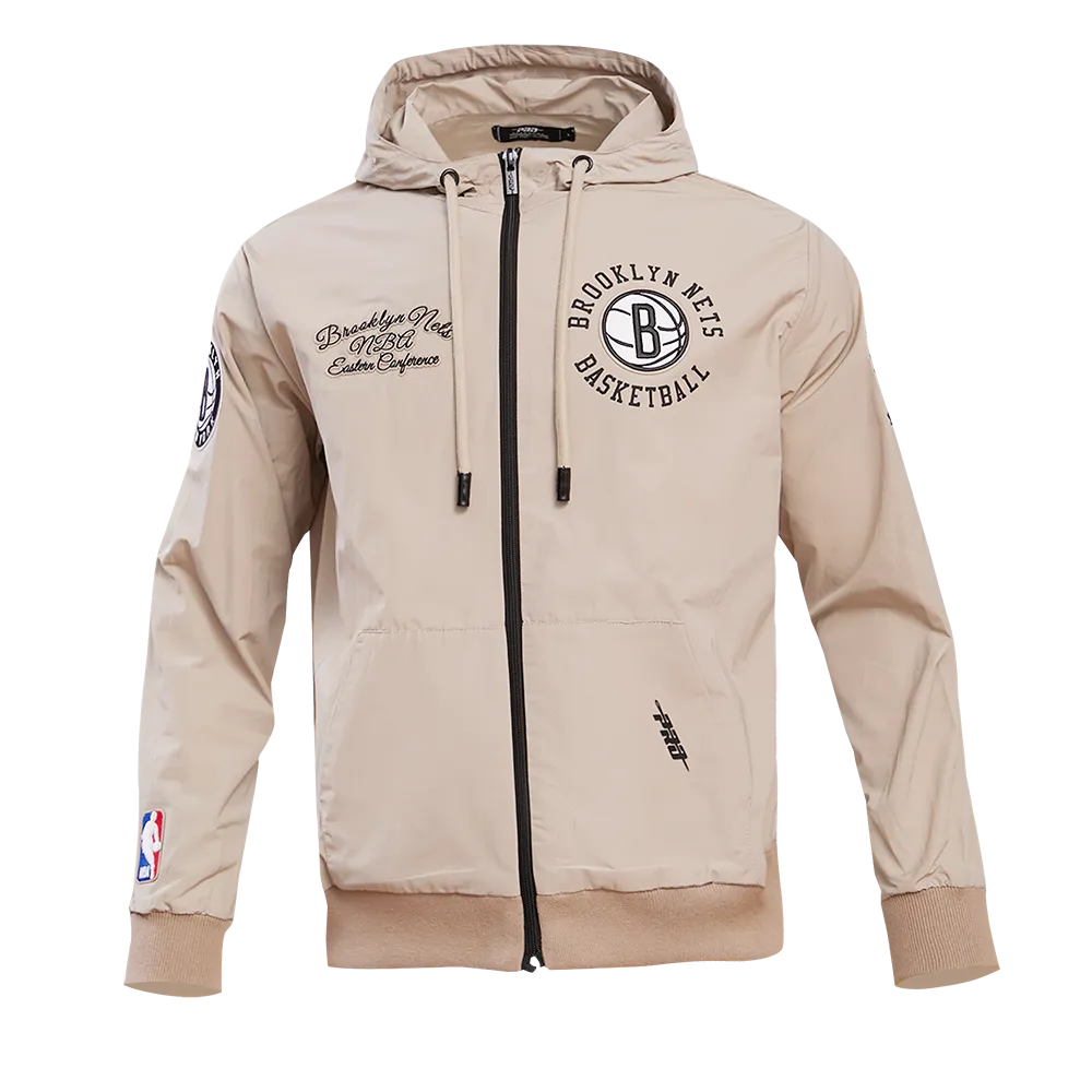 NBA BROOKLYN NETS HYBRID WOVEN MEN'S FULL ZIP PULLOVER HOODIE (BLACK)