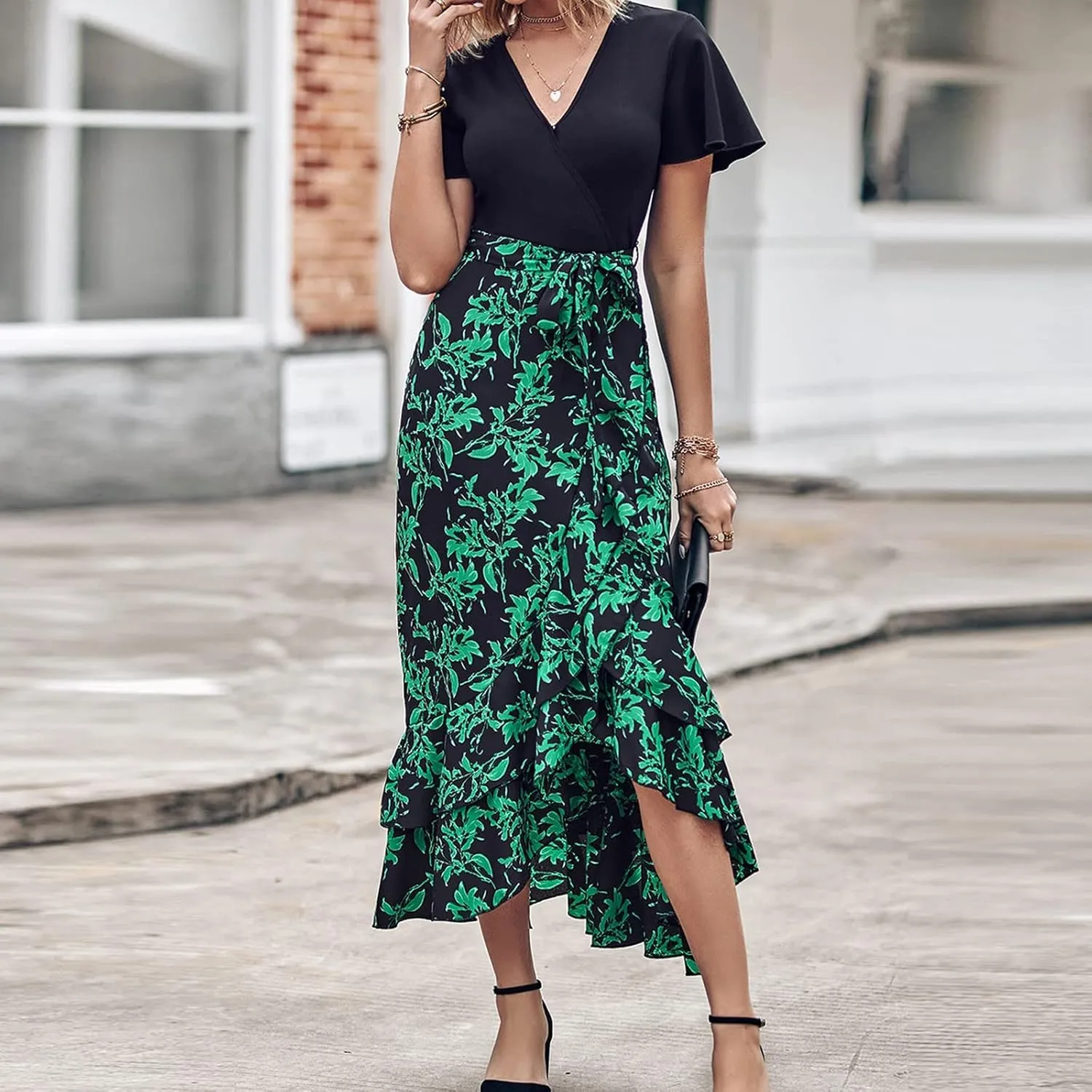 PETYCZEN Summer Dresses for Women 2023 Sexy Short Sleeve Side Slit Midi Dress Boho Floral Patchwork Ruffle Beach Party Dress