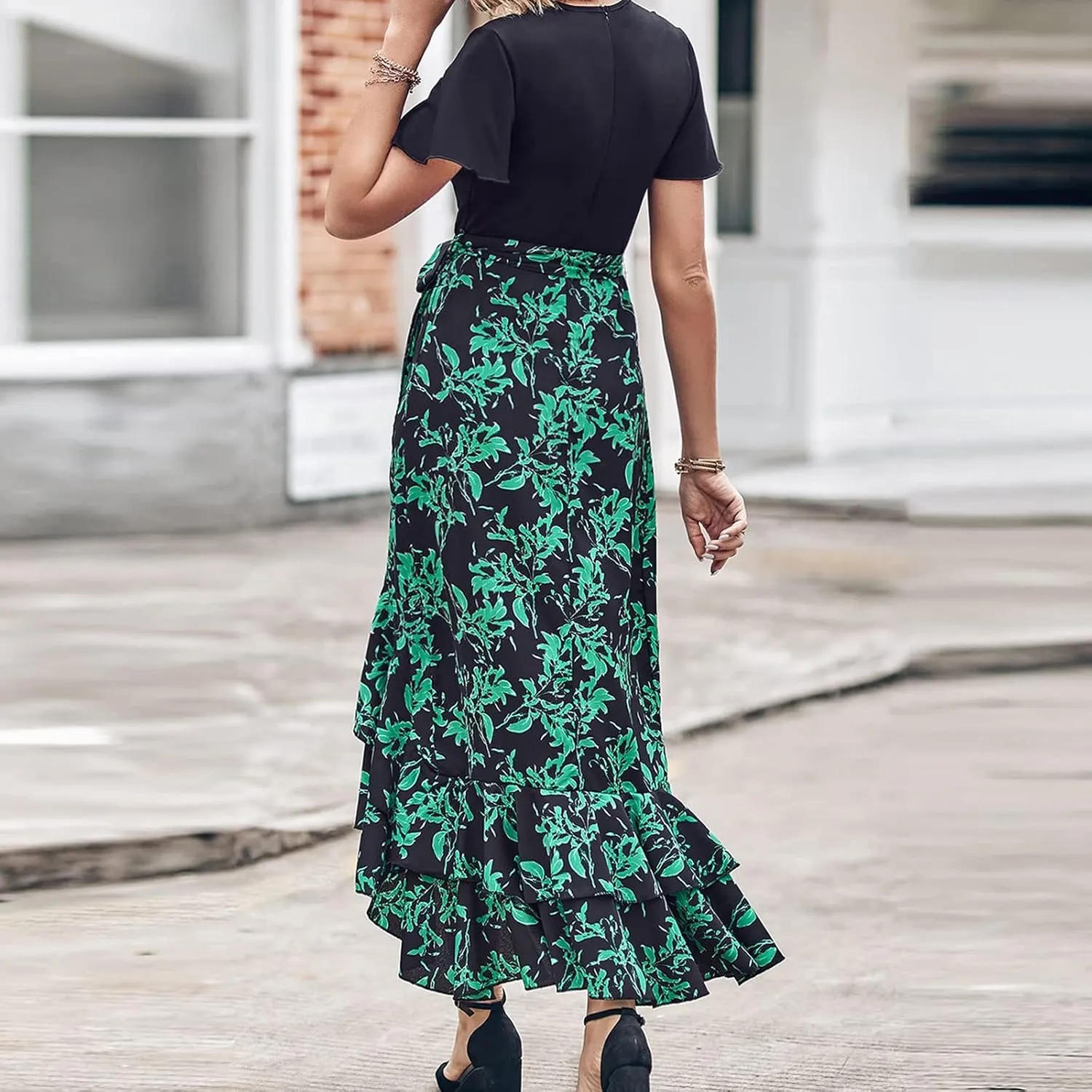 PETYCZEN Summer Dresses for Women 2023 Sexy Short Sleeve Side Slit Midi Dress Boho Floral Patchwork Ruffle Beach Party Dress