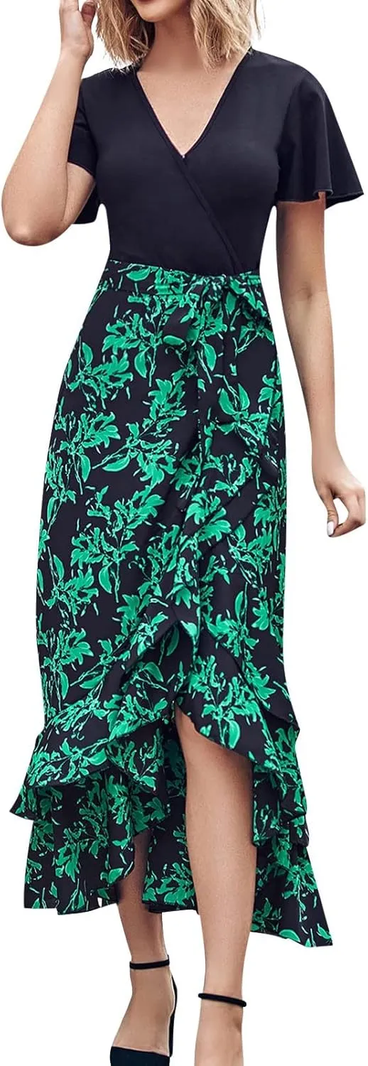 PETYCZEN Summer Dresses for Women 2023 Sexy Short Sleeve Side Slit Midi Dress Boho Floral Patchwork Ruffle Beach Party Dress