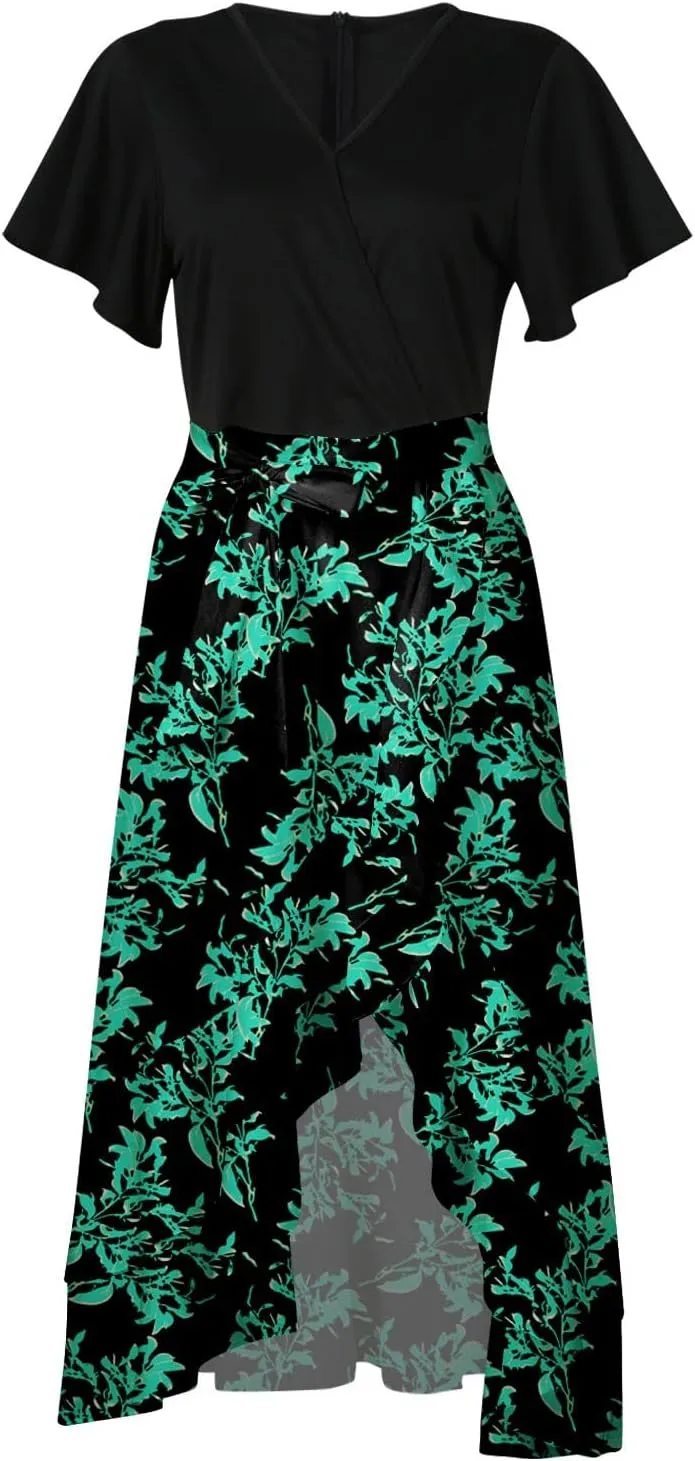 PETYCZEN Summer Dresses for Women 2023 Sexy Short Sleeve Side Slit Midi Dress Boho Floral Patchwork Ruffle Beach Party Dress