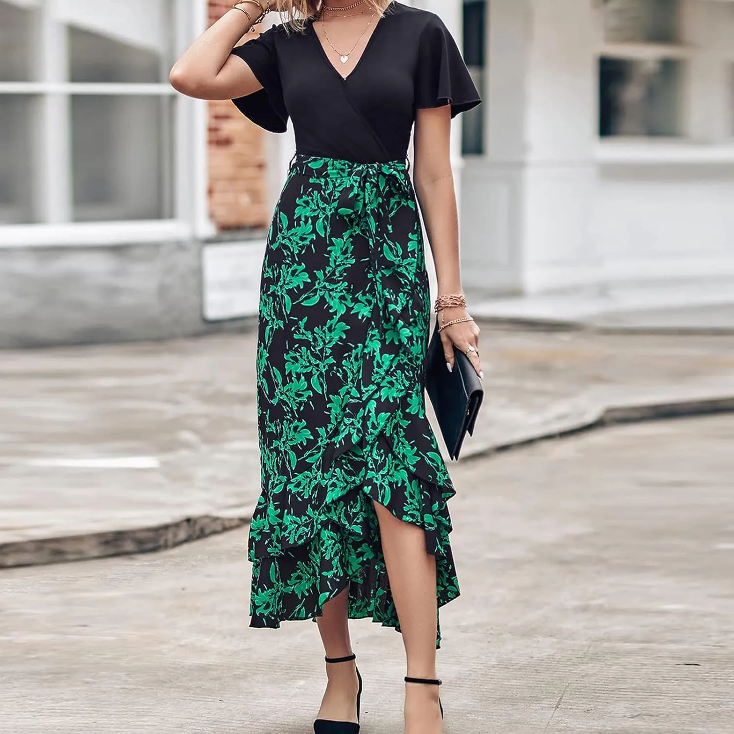 PETYCZEN Summer Dresses for Women 2023 Sexy Short Sleeve Side Slit Midi Dress Boho Floral Patchwork Ruffle Beach Party Dress