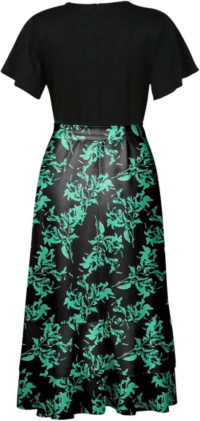 PETYCZEN Summer Dresses for Women 2023 Sexy Short Sleeve Side Slit Midi Dress Boho Floral Patchwork Ruffle Beach Party Dress