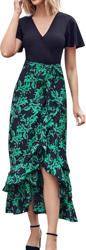 PETYCZEN Summer Dresses for Women 2023 Sexy Short Sleeve Side Slit Midi Dress Boho Floral Patchwork Ruffle Beach Party Dress