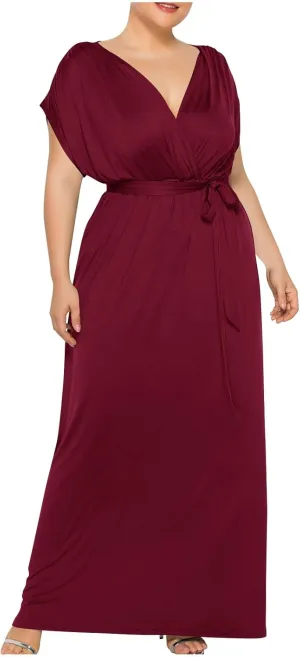Plus Size Dress for Curvy Women Bridesmaid Long Evening Maxi Wrap Dress 2025 Wedding Guest Maxi Dresses with Belt