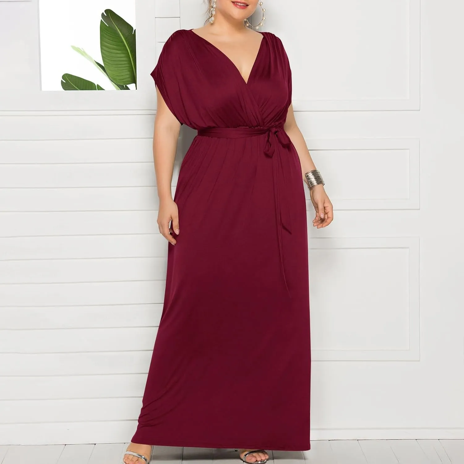 Plus Size Dress for Curvy Women Bridesmaid Long Evening Maxi Wrap Dress 2025 Wedding Guest Maxi Dresses with Belt