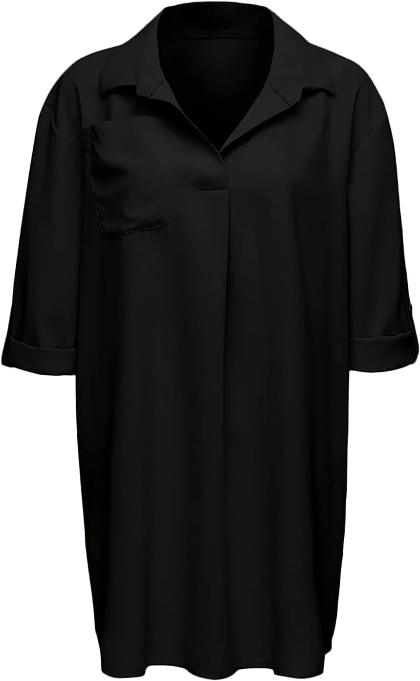 Shirt Dresses for Women 2025 Vacation Roll-up 3/4 Sleeve V Neck Mini Dress Summer Side Split Hem Casual Tunic Dress