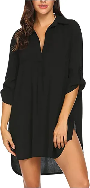 Shirt Dresses for Women 2025 Vacation Roll-up 3/4 Sleeve V Neck Mini Dress Summer Side Split Hem Casual Tunic Dress