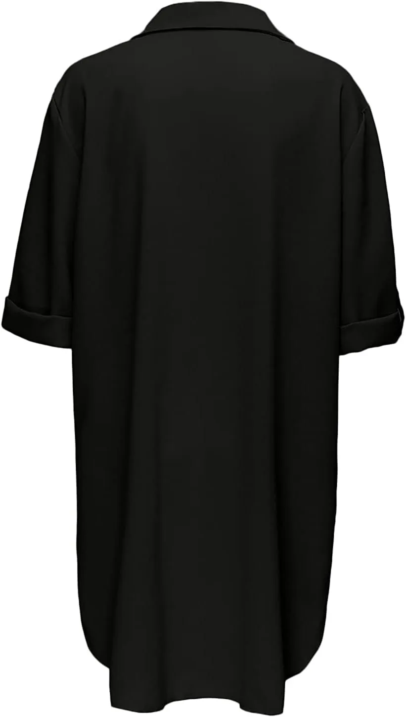 Shirt Dresses for Women 2025 Vacation Roll-up 3/4 Sleeve V Neck Mini Dress Summer Side Split Hem Casual Tunic Dress