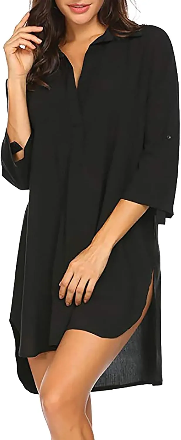 Shirt Dresses for Women 2025 Vacation Roll-up 3/4 Sleeve V Neck Mini Dress Summer Side Split Hem Casual Tunic Dress