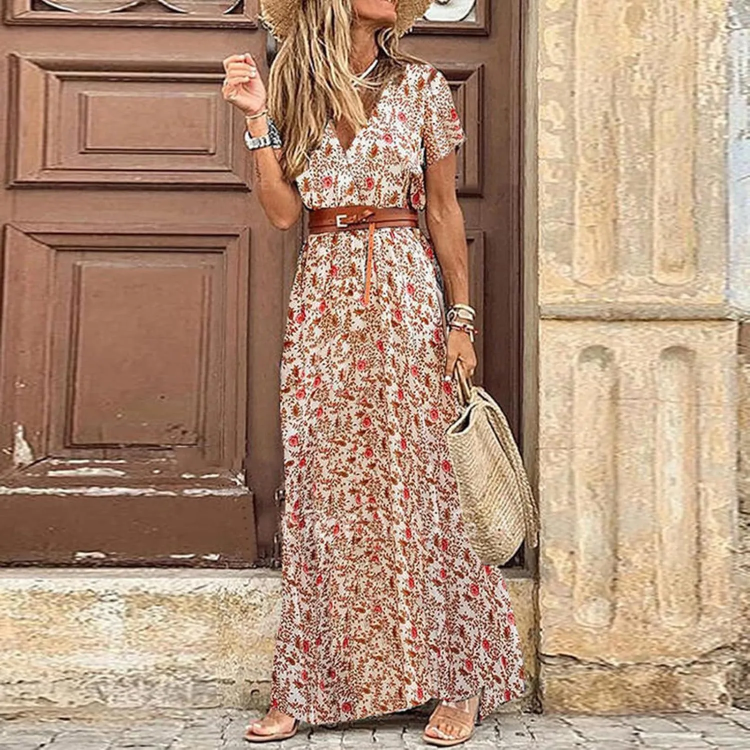 Short Sleeve Dress for Women Tie Waist Maxi Dress Summer Boho Floral Dress Elegant Spring Dresses for Women 2025