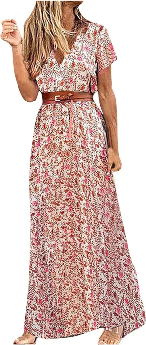 Short Sleeve Dress for Women Tie Waist Maxi Dress Summer Boho Floral Dress Elegant Spring Dresses for Women 2025