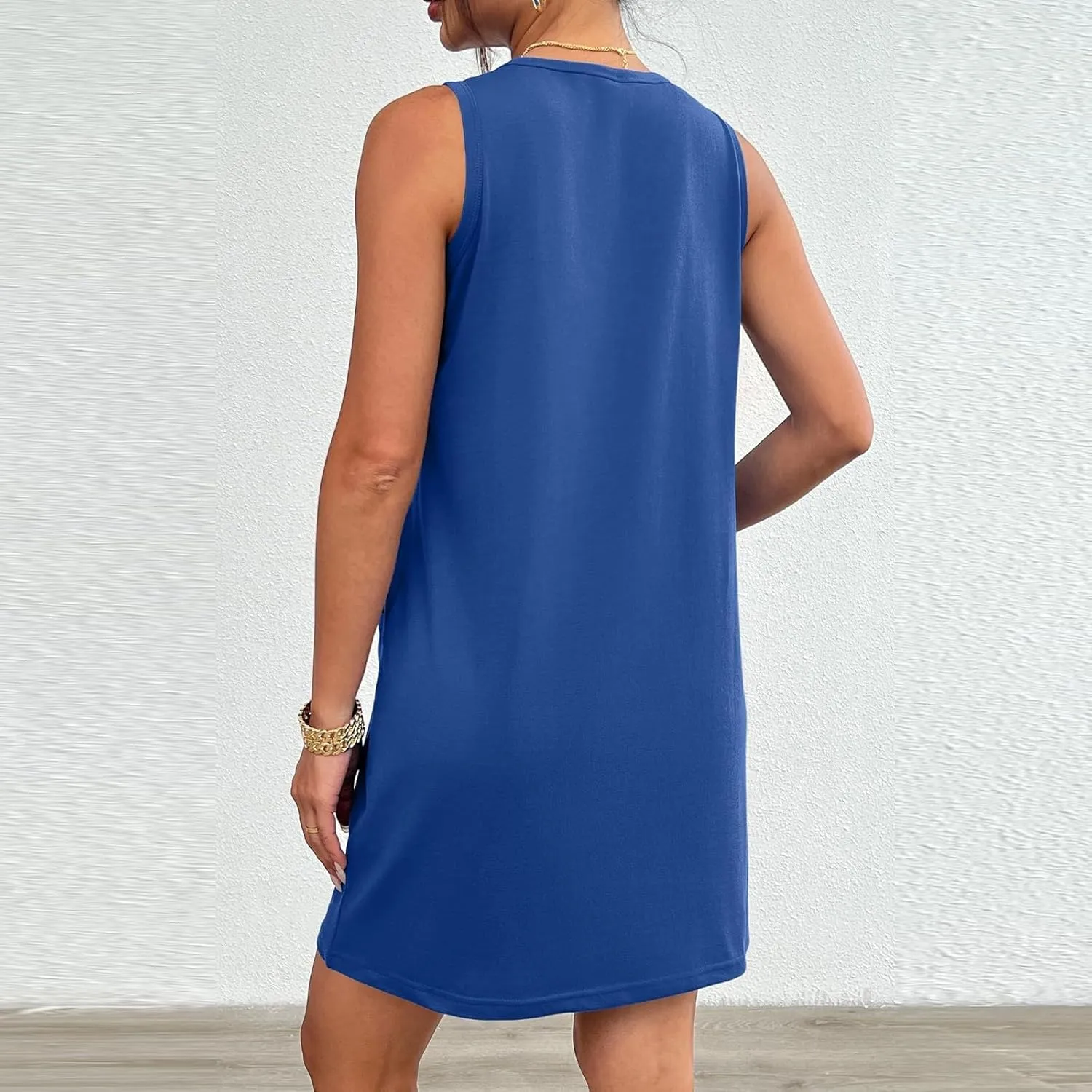 Sleeveless Tshirt Dress Women Summer Casual Crew Neck Sleeveless Sundress Loose Knee Length Beach Sun Dress with Pockets