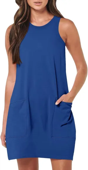 Sleeveless Tshirt Dress Women Summer Casual Crew Neck Sleeveless Sundress Loose Knee Length Beach Sun Dress with Pockets
