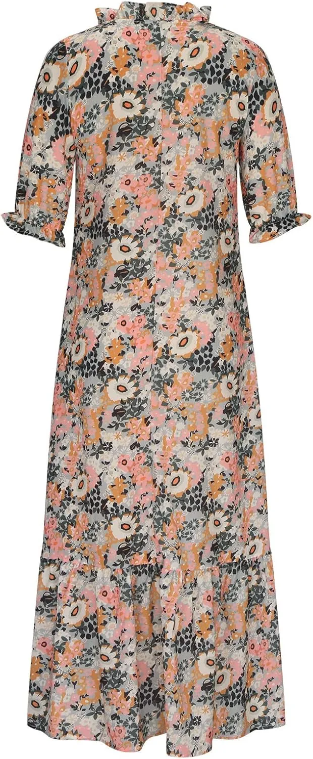SMIDOW Womens Casual Spring Summer Boho Printed Dress V-Neck Three-Quarter Sleeve Dress A-Line Hide Belly Dress