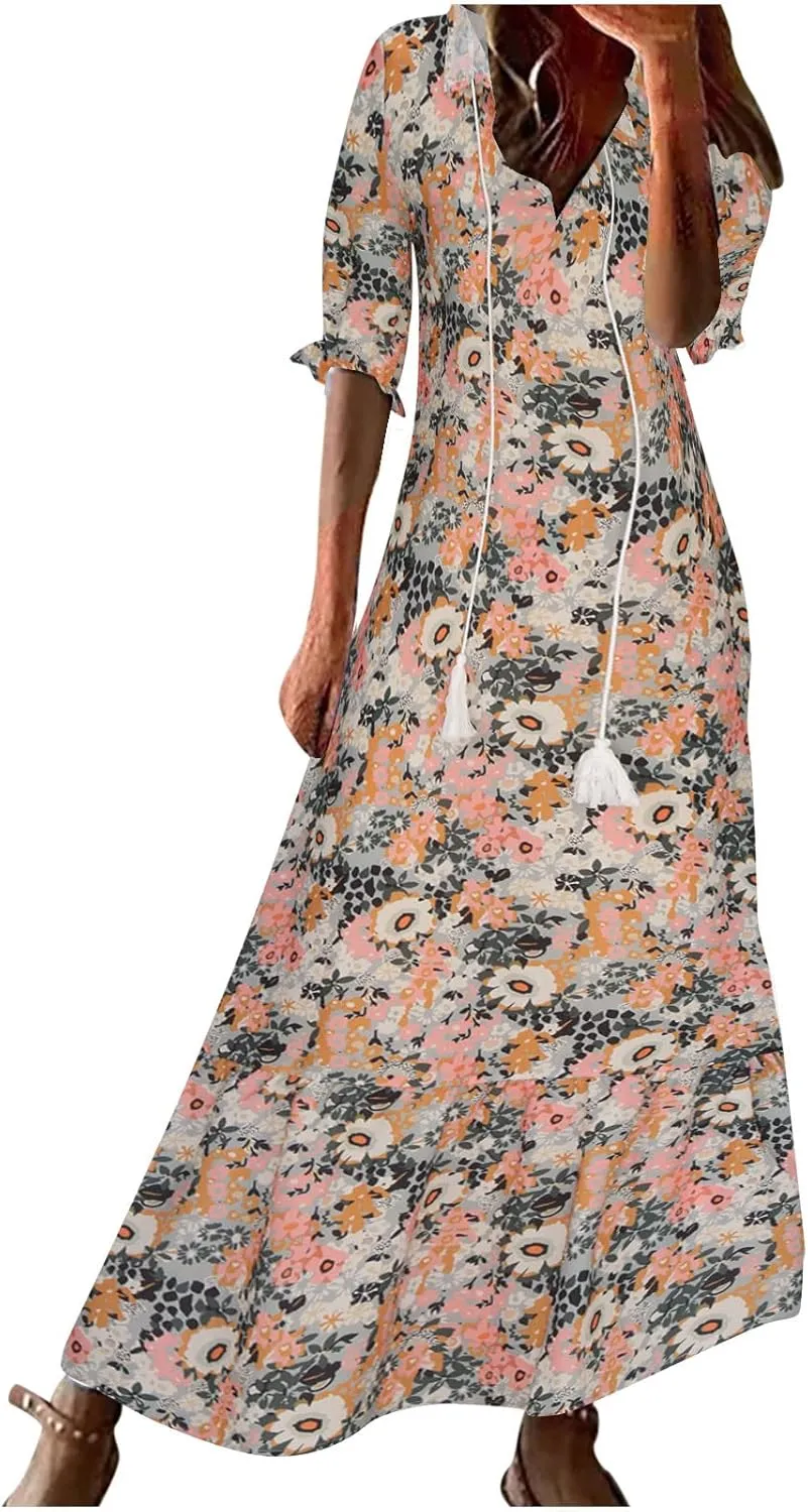 SMIDOW Womens Casual Spring Summer Boho Printed Dress V-Neck Three-Quarter Sleeve Dress A-Line Hide Belly Dress