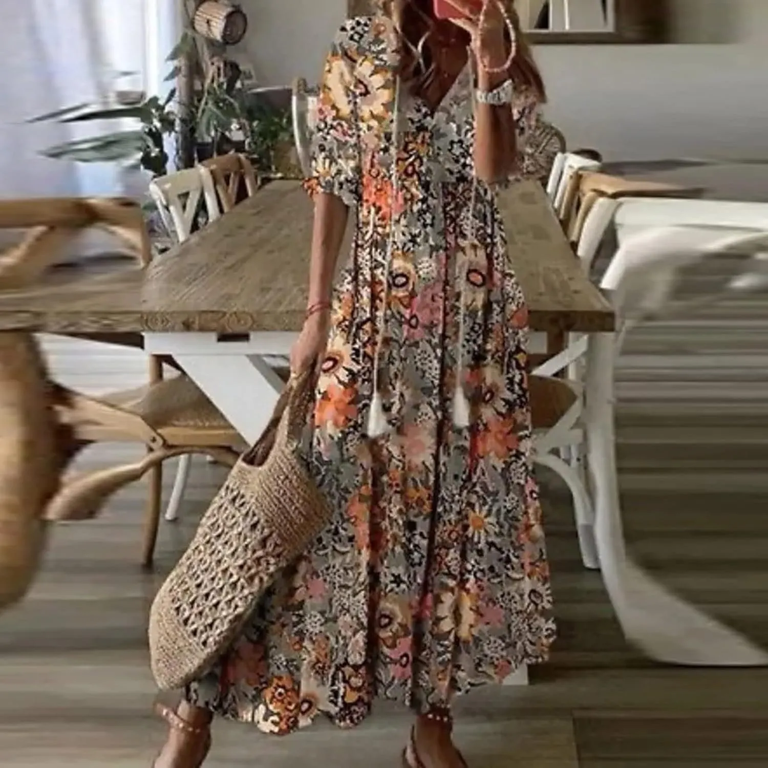 SMIDOW Womens Casual Spring Summer Boho Printed Dress V-Neck Three-Quarter Sleeve Dress A-Line Hide Belly Dress