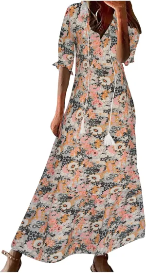 SMIDOW Womens Casual Spring Summer Boho Printed Dress V-Neck Three-Quarter Sleeve Dress A-Line Hide Belly Dress