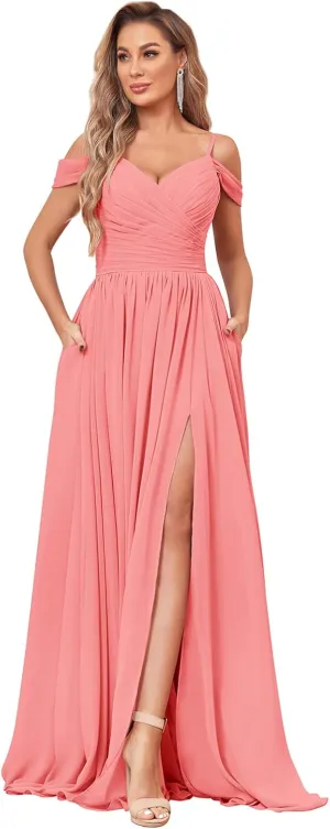 SOLODISH Off The Shoulder Bridesmaid Dresses Long Pleated Chiffon A Line Formal Evening Gown