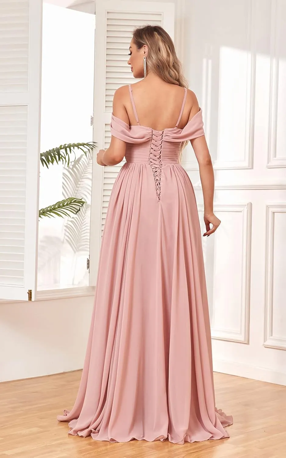 SOLODISH Off The Shoulder Bridesmaid Dresses Long Pleated Chiffon A Line Formal Evening Gown