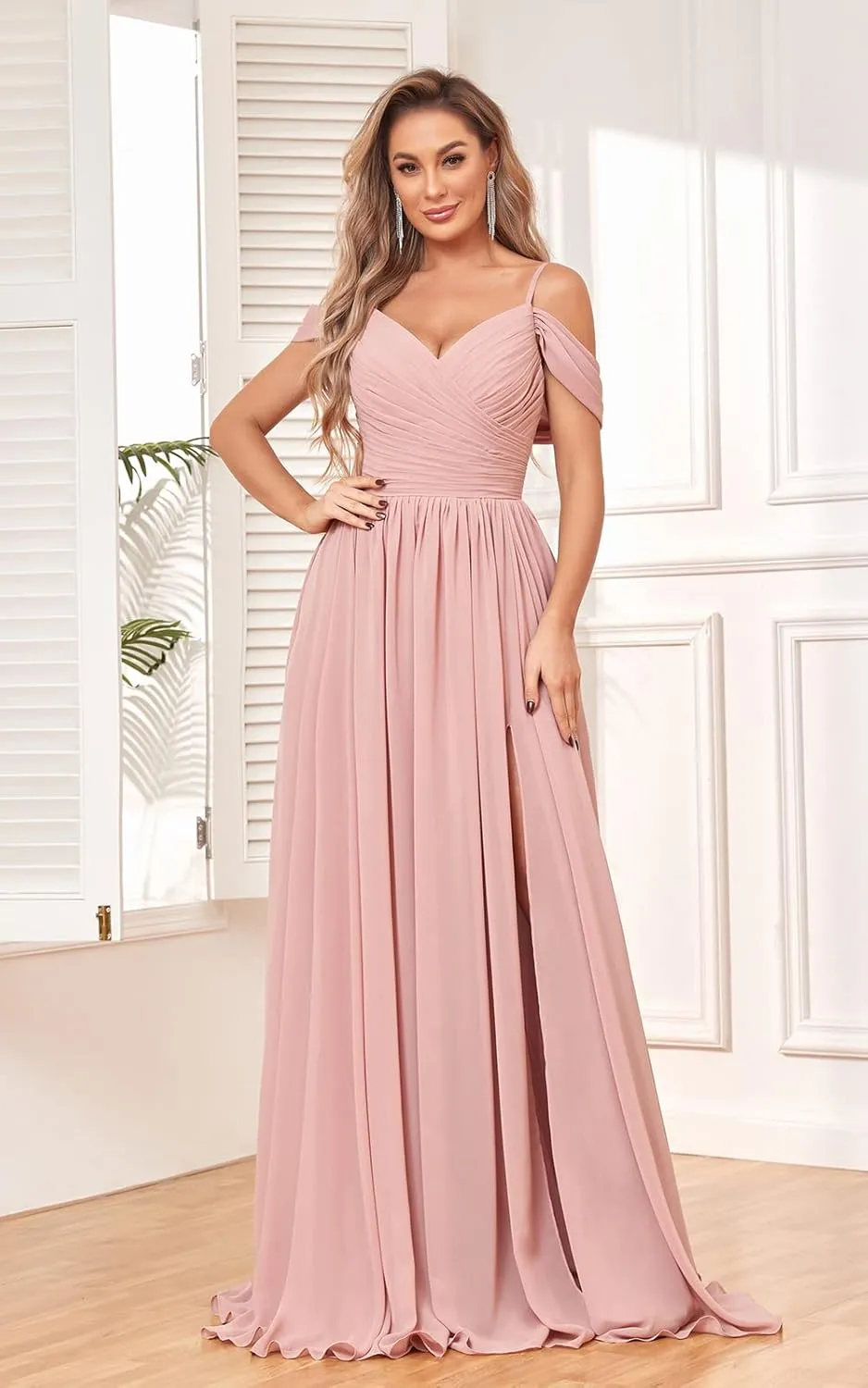 SOLODISH Off The Shoulder Bridesmaid Dresses Long Pleated Chiffon A Line Formal Evening Gown