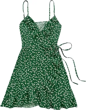 Spaghetti Strap Floral Mini Dress Women's Casual Wrap V-Neck Tie Side Ruffle Boho Dress Summer Beach Sundress